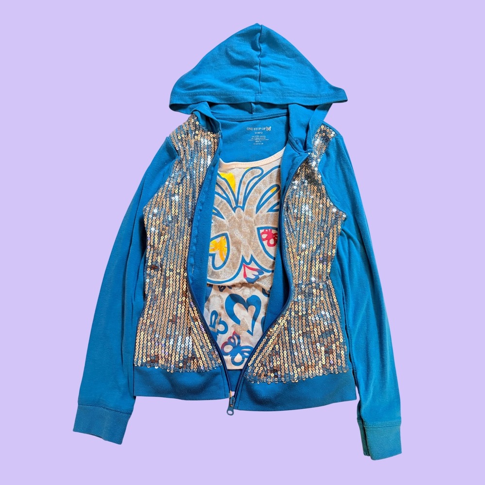 Y2K One Step Up Girls Blue Sequin Zip Hoodie Butterfly Tank Top Scene #18